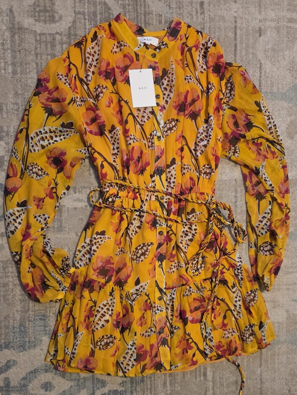A.L.C Jen Long Sleeve Silk Shirtdress In Yellow Multi. Size 8. NWT